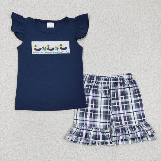 navy blue duck embroidery sibling shorts set
