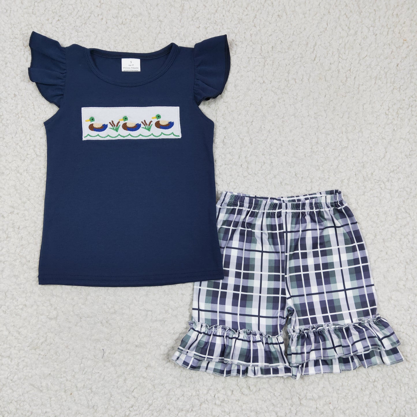 navy blue duck embroidery sibling shorts set