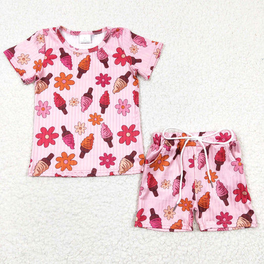 kids clothing ice-cream floral ribbed jogger shorts set for girl