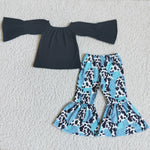 black cotton top cow print bells set