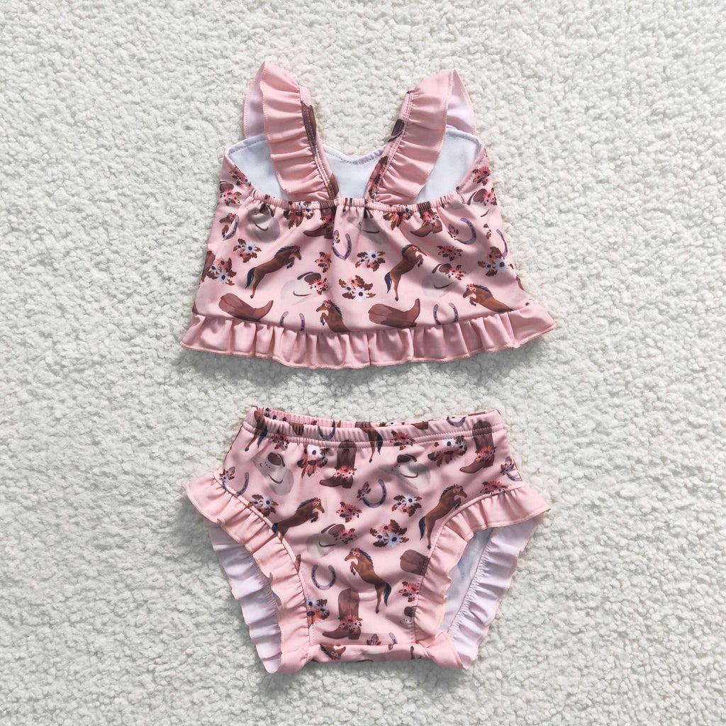 2pcs summer pink horse rodeo swimsuit girl clothes