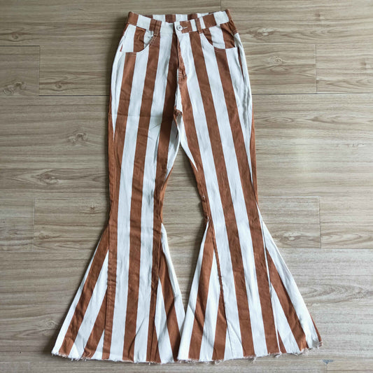 adult ladies brown stripe denim bell pants