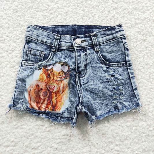 kids clothing denim shorts with highland cow print