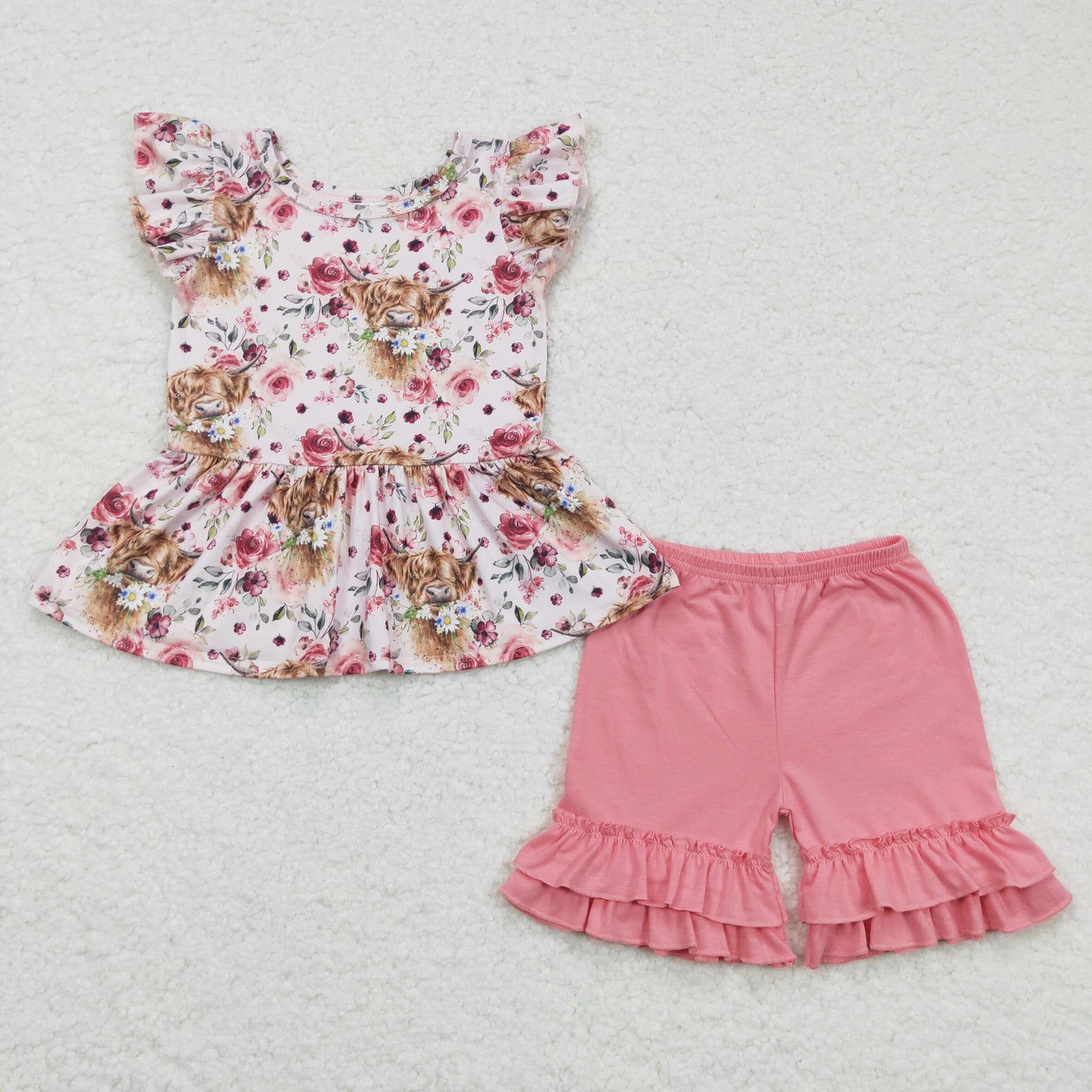 floral highland cows pink ruffle shorts set girl