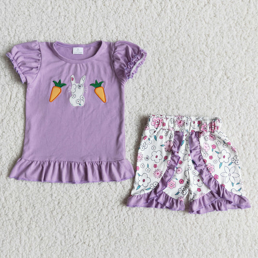 purple carrot bunny embroidery floral ruffle shorts set