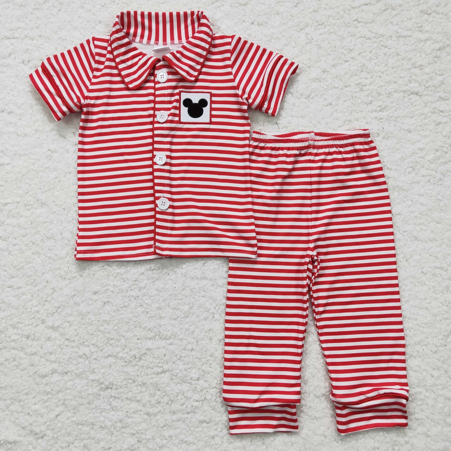 embroidery red stripe girl button pajama outfit