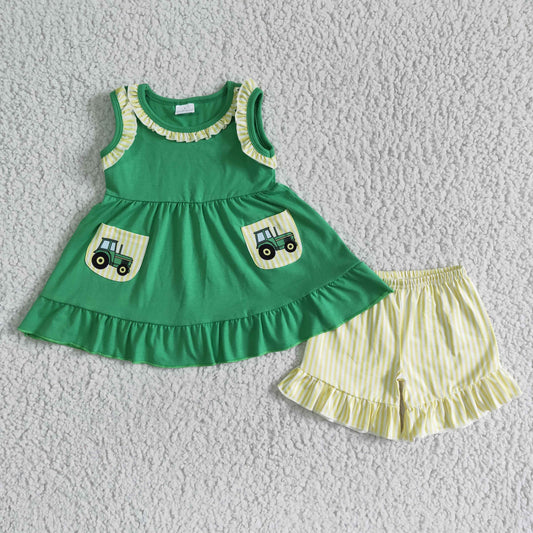 sleeveless green tractor farm shorts set clothing