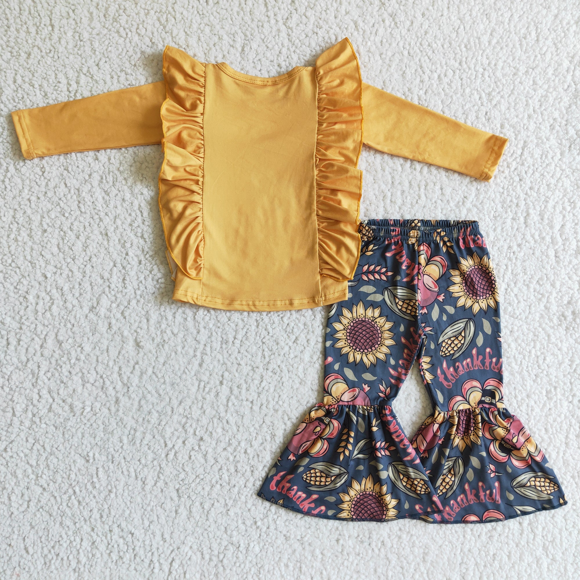 thanksgiving turkey print mustard ruffle shirt pants set for baby girl
