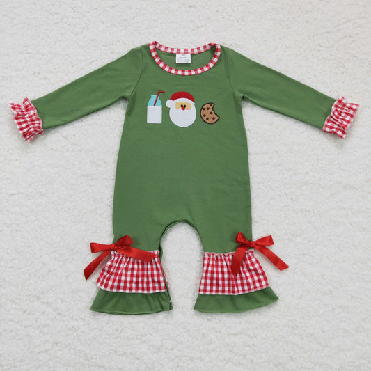 christmas cookie embroidery green cotton romper for baby girl