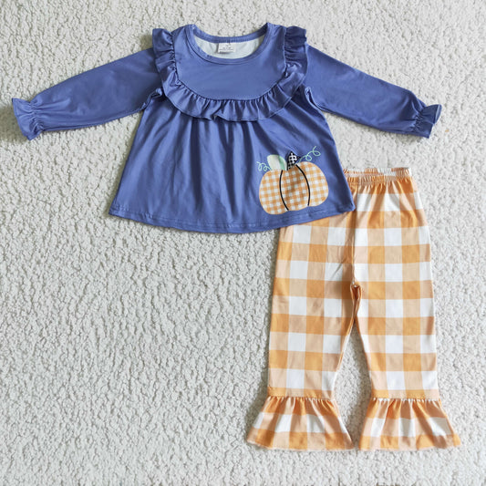 fall pumpkin print orange plaid ruffle pants set