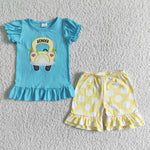 kids clothing back to school bus embroidery shorts set
