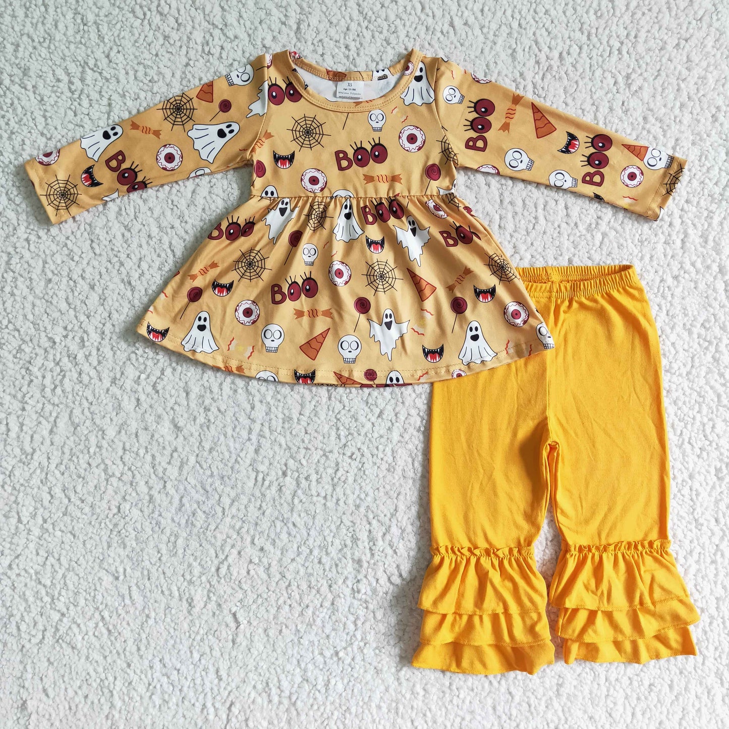 fall halloween boo candy mustard ruffle pants outfit