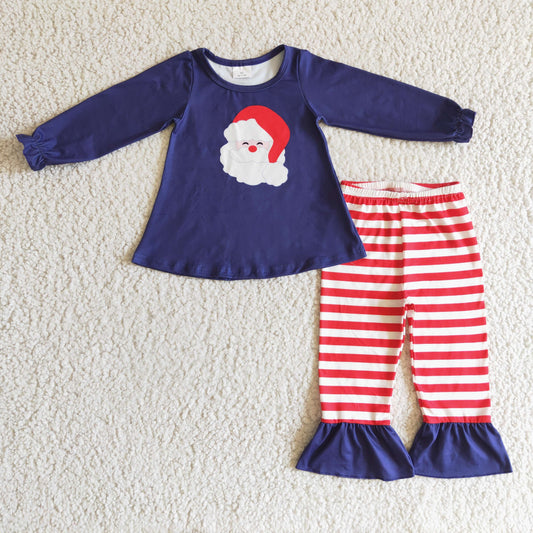 girl navy blue santa print match red stripe pants set