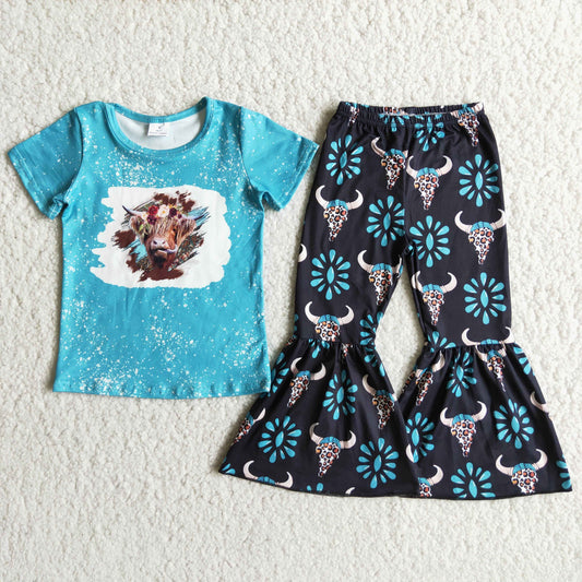 girl western blue cow shirt skull pant clothes set