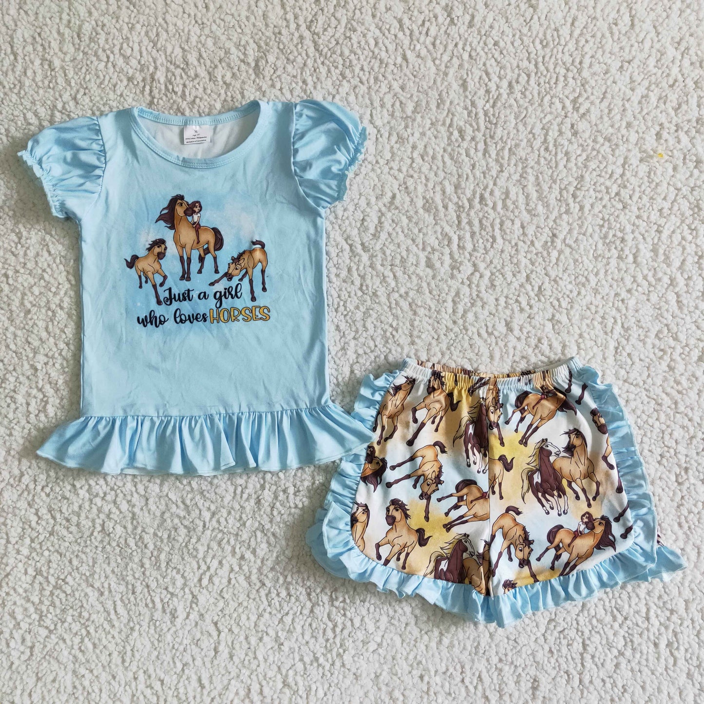 blue girl’s horse shorts set outfit