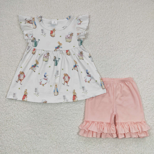 easter bunny pink ruffle shorts set girl’s outfit