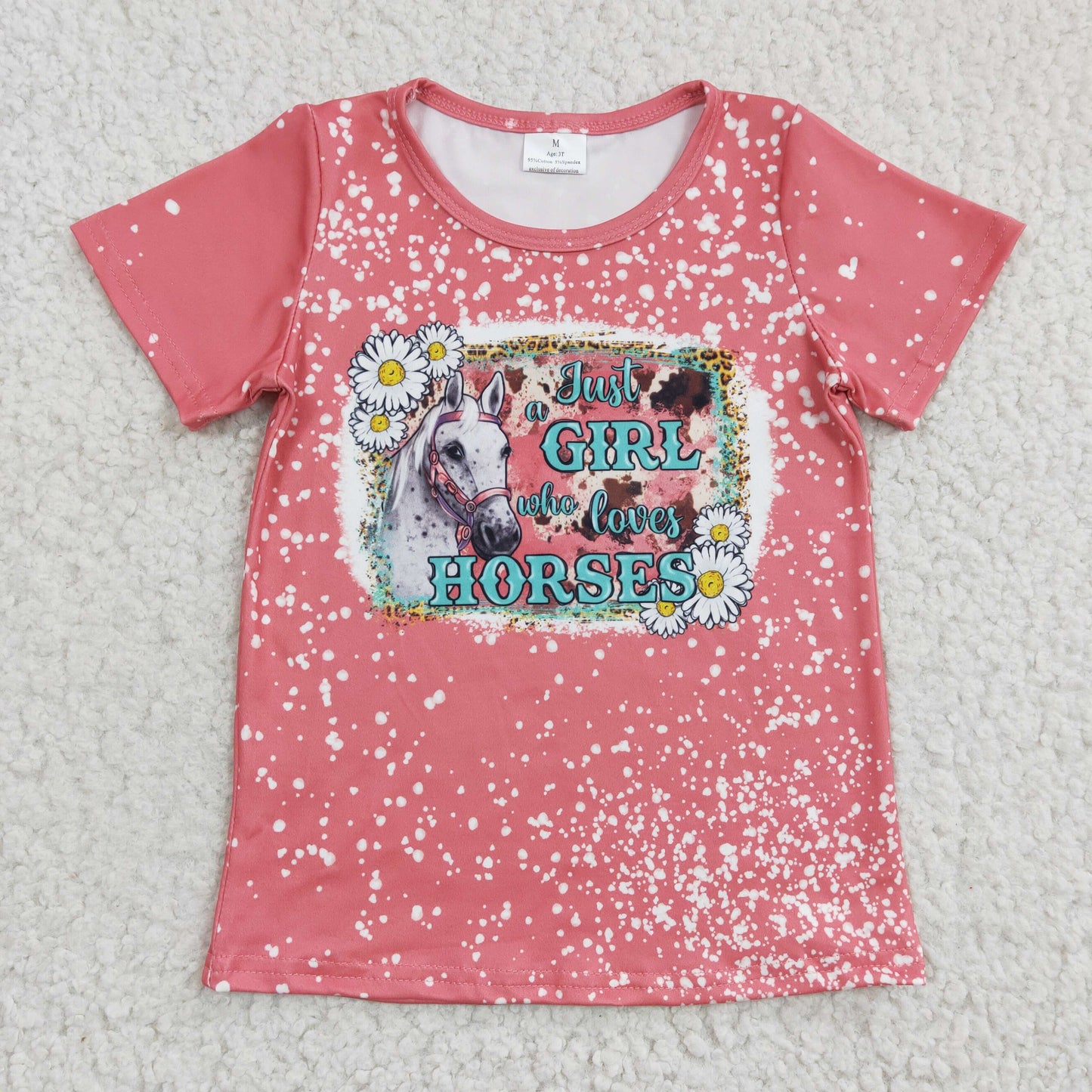 girl summer pink bleached t-shirt top tees with horse print