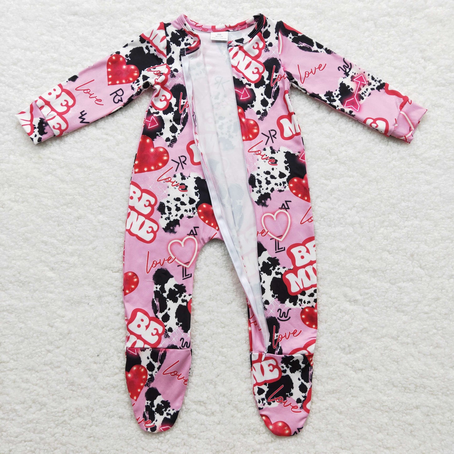 pink cow girl valentine be mine footed zip romper