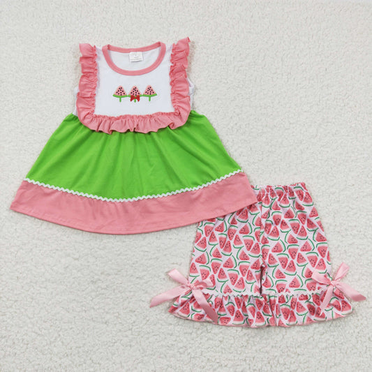 girl pink embroidery embroidered rufle shorts set