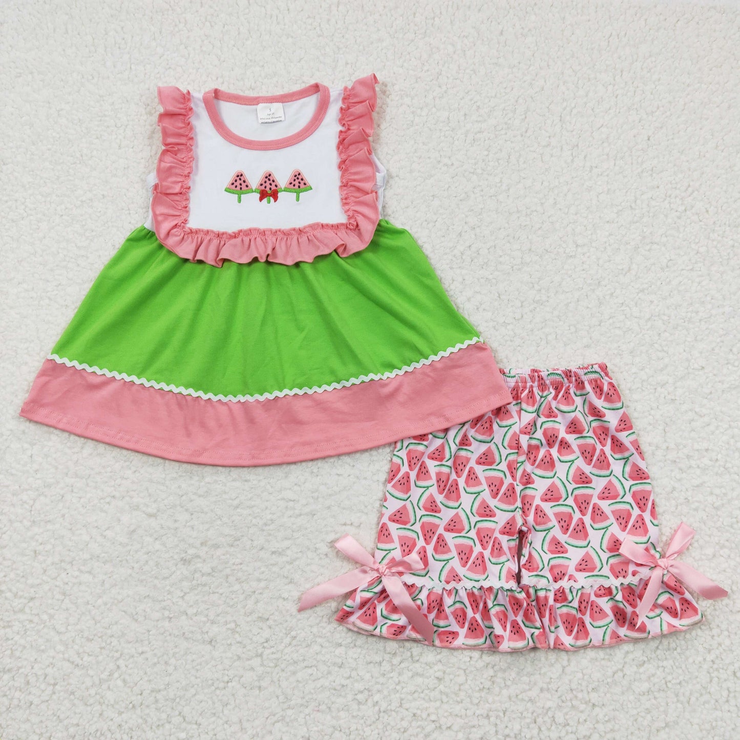 girl green pink embroidery watermelon ruffle shorts set