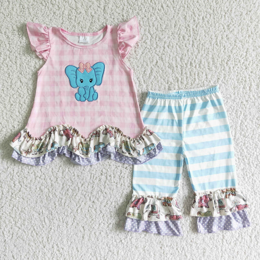elephant embroidery outfit stripe ruffle pants set