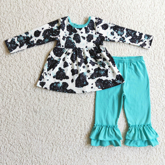 turquoise cow print ruffle outfits