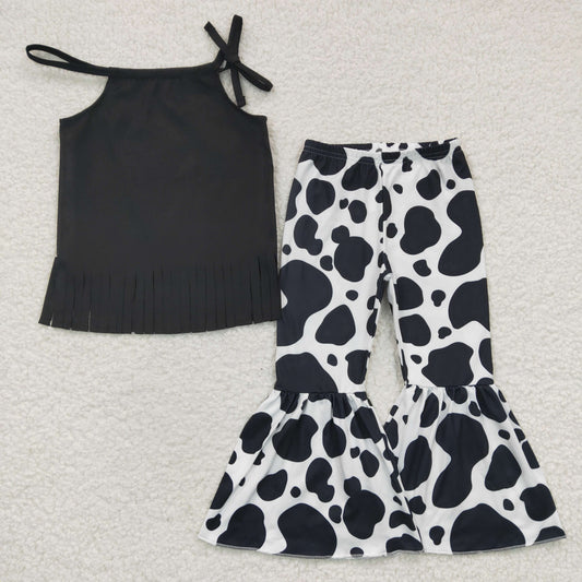 cotton black top cow print bell bottom set