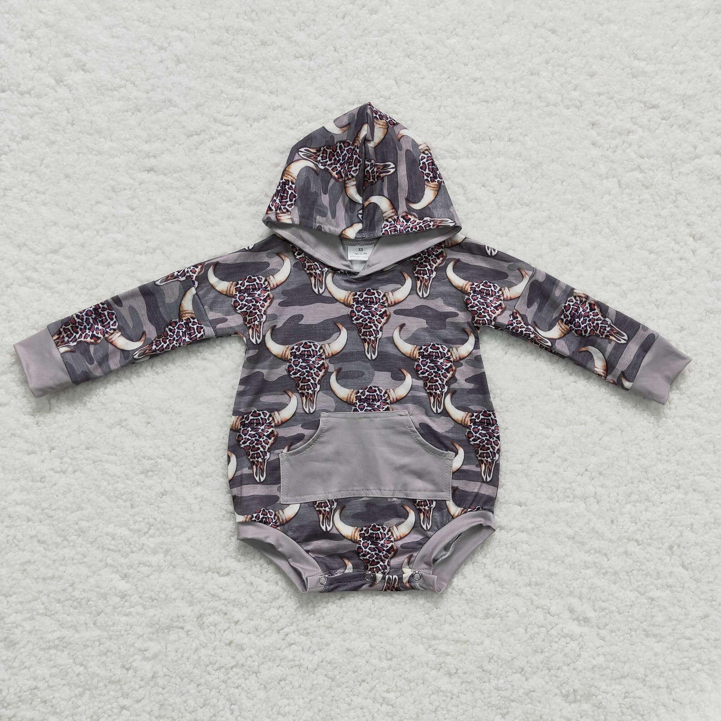 baby grey camo cow hoodie romper with pocket