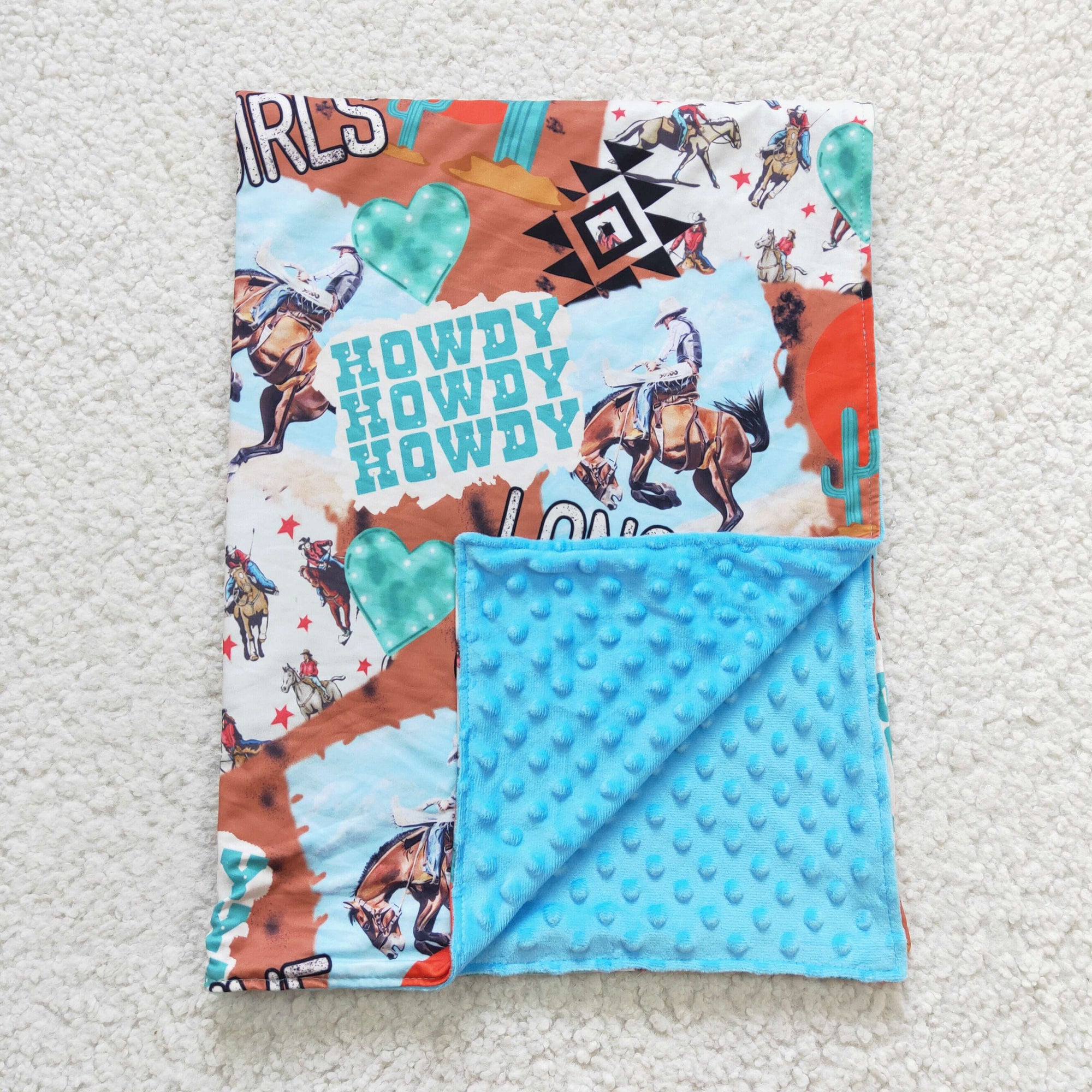 western howdy long life cowgirl blanket blue and brown