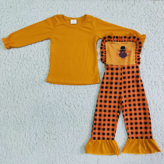 2pcs Turkey Print Plaid Overalls Outfit for Thanksgiving Day