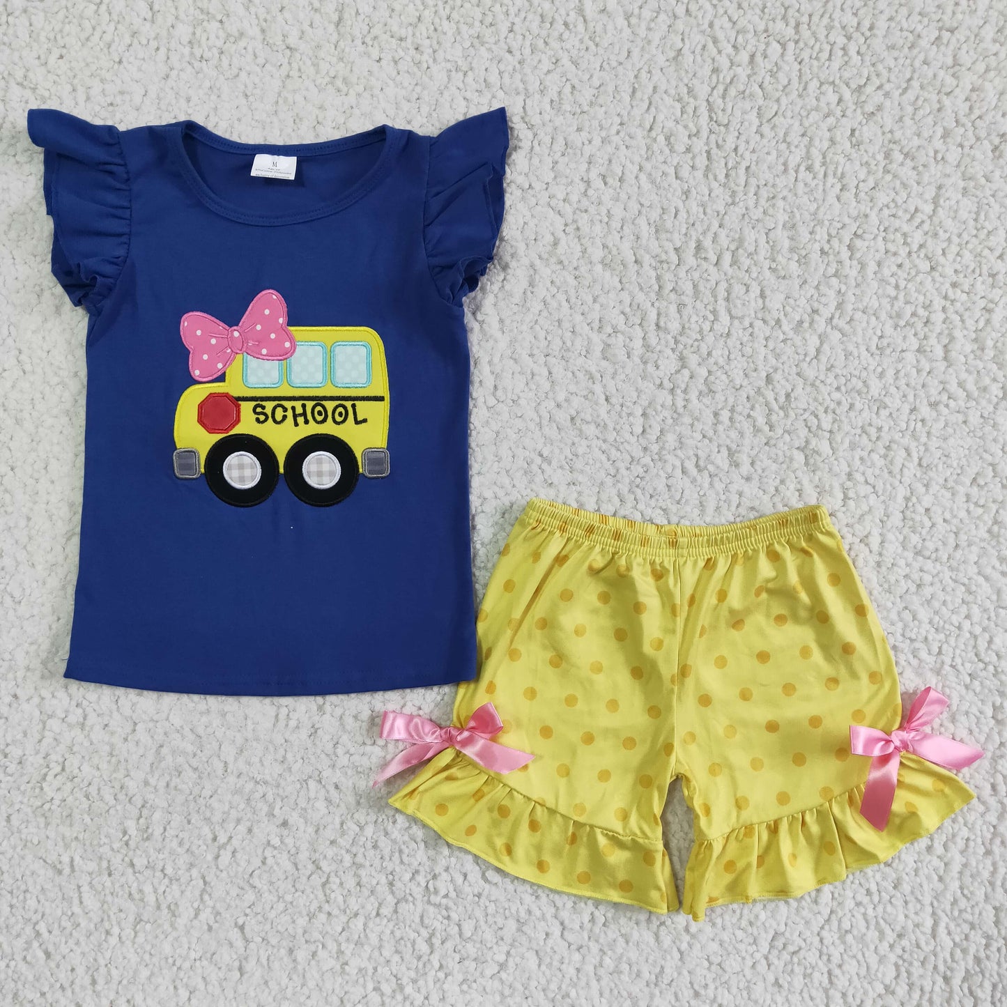 girl's back to school bus embrodiery outfit shorts set