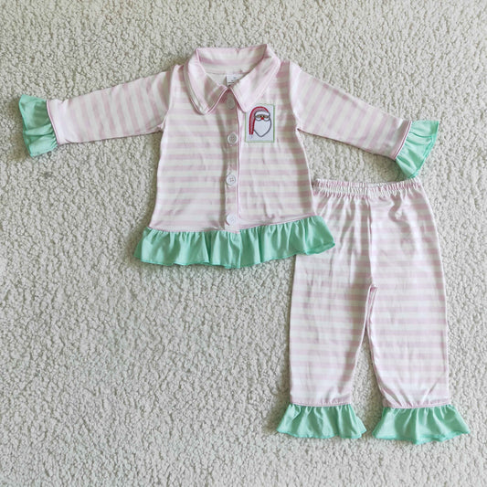 christmas pink stripe button pajamas with santa embroidery