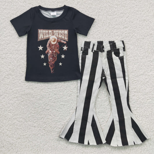 black wild west t-shirt stripe denim pants set