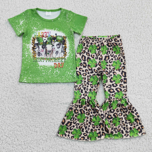 green happy st patrick day cow print clover outfit