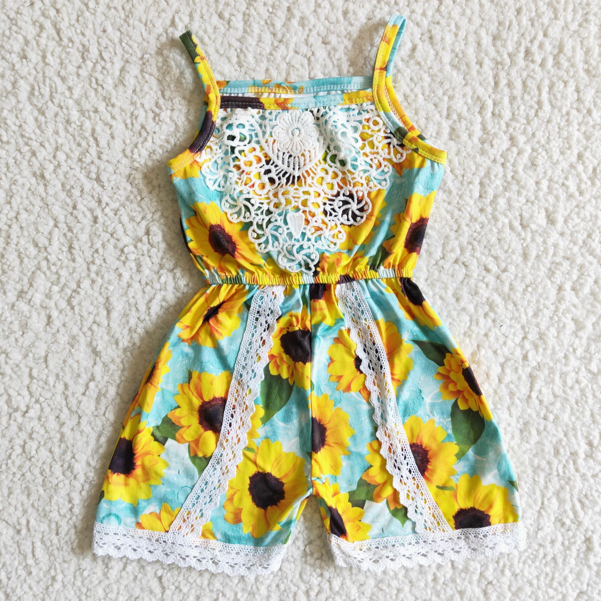 girl's sleeveless yellow sunflower lace jumpsuit summer clothing girl