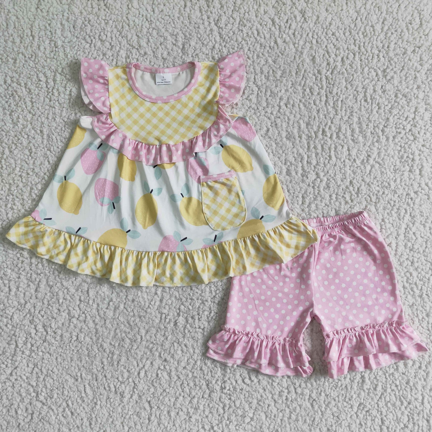 kids summer pink peach ruffle shorts set girl clothing