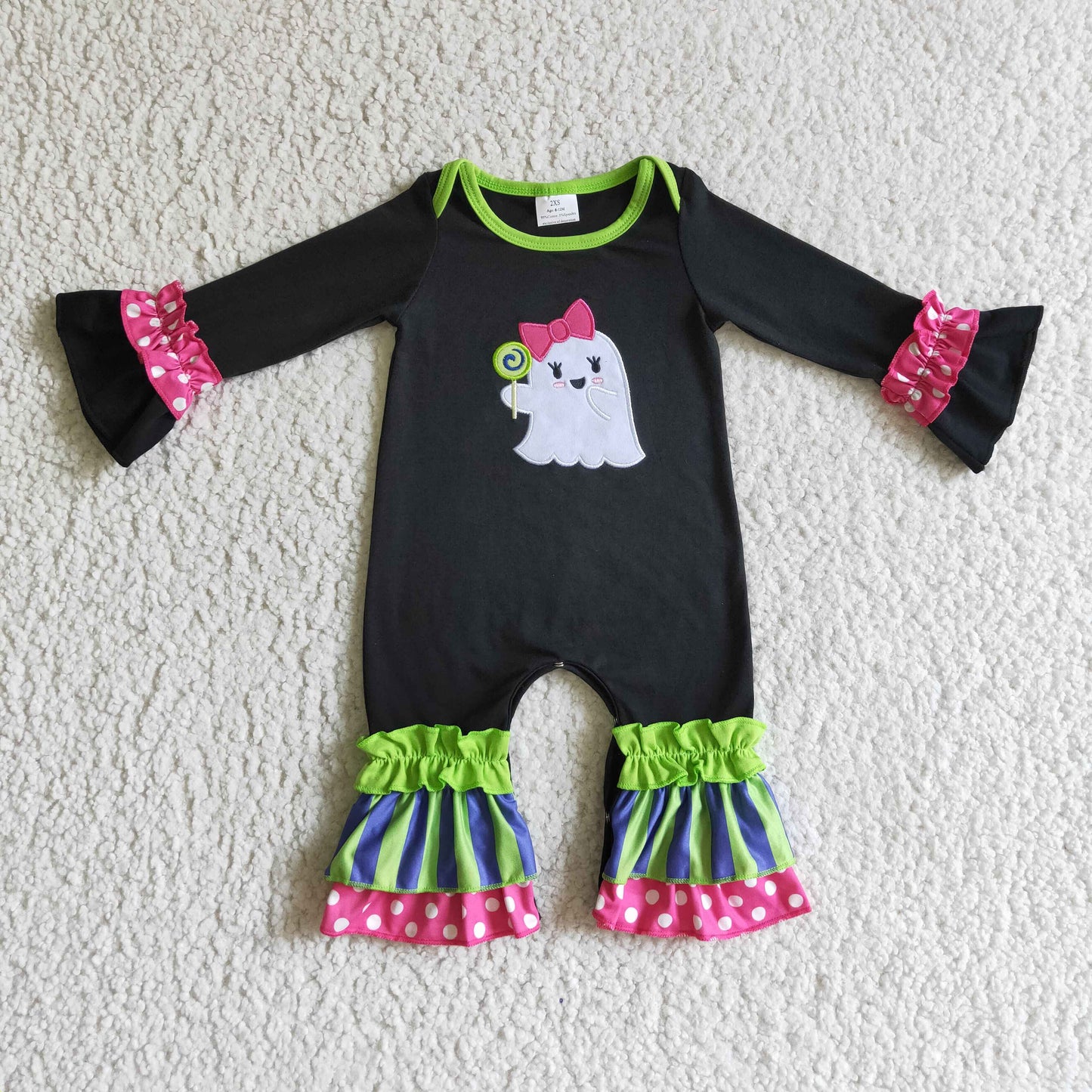 black ruffle boo embroidery romper for baby girl