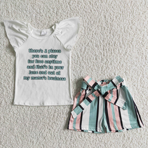 white letters top stripe belt shorts set for girl