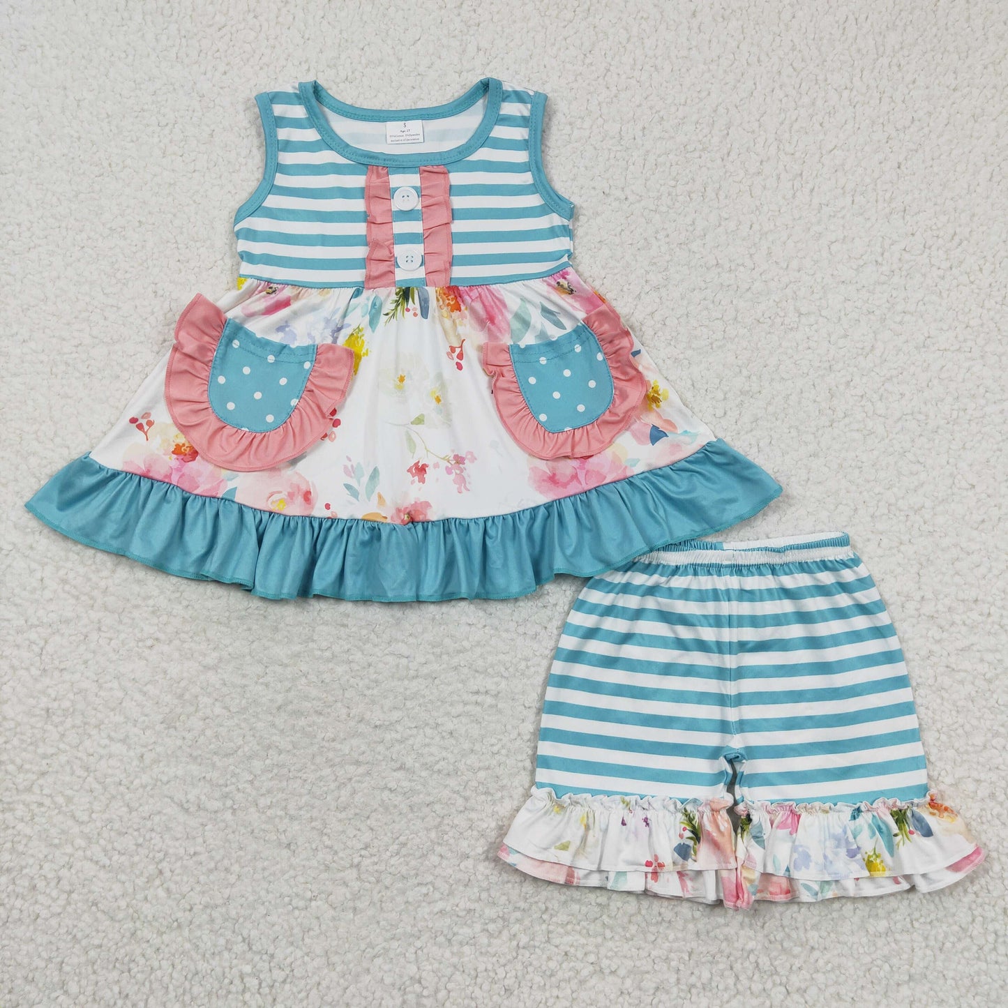 sleeveless stripe floral ruffle shorts set girl's summer clothing