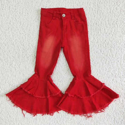 red double ruffle jeans denim pants