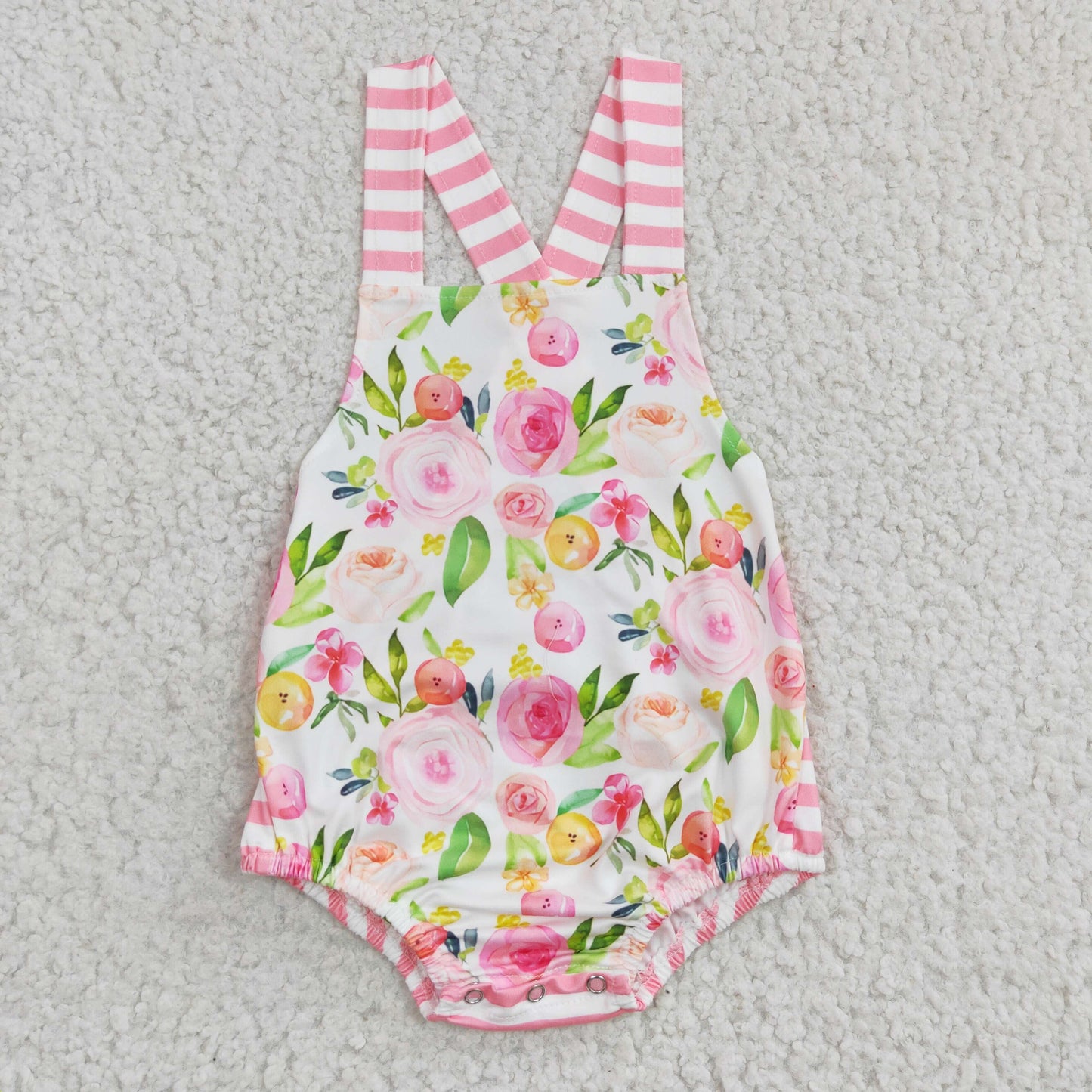 baby girl pink stripe and floral cross romper
