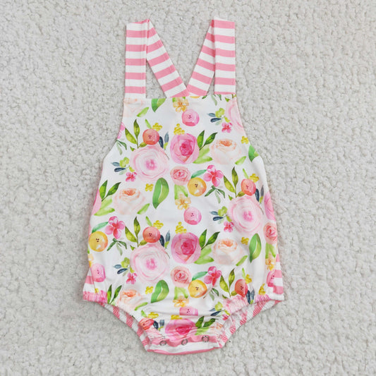 baby girl pink stripe and floral cross romper