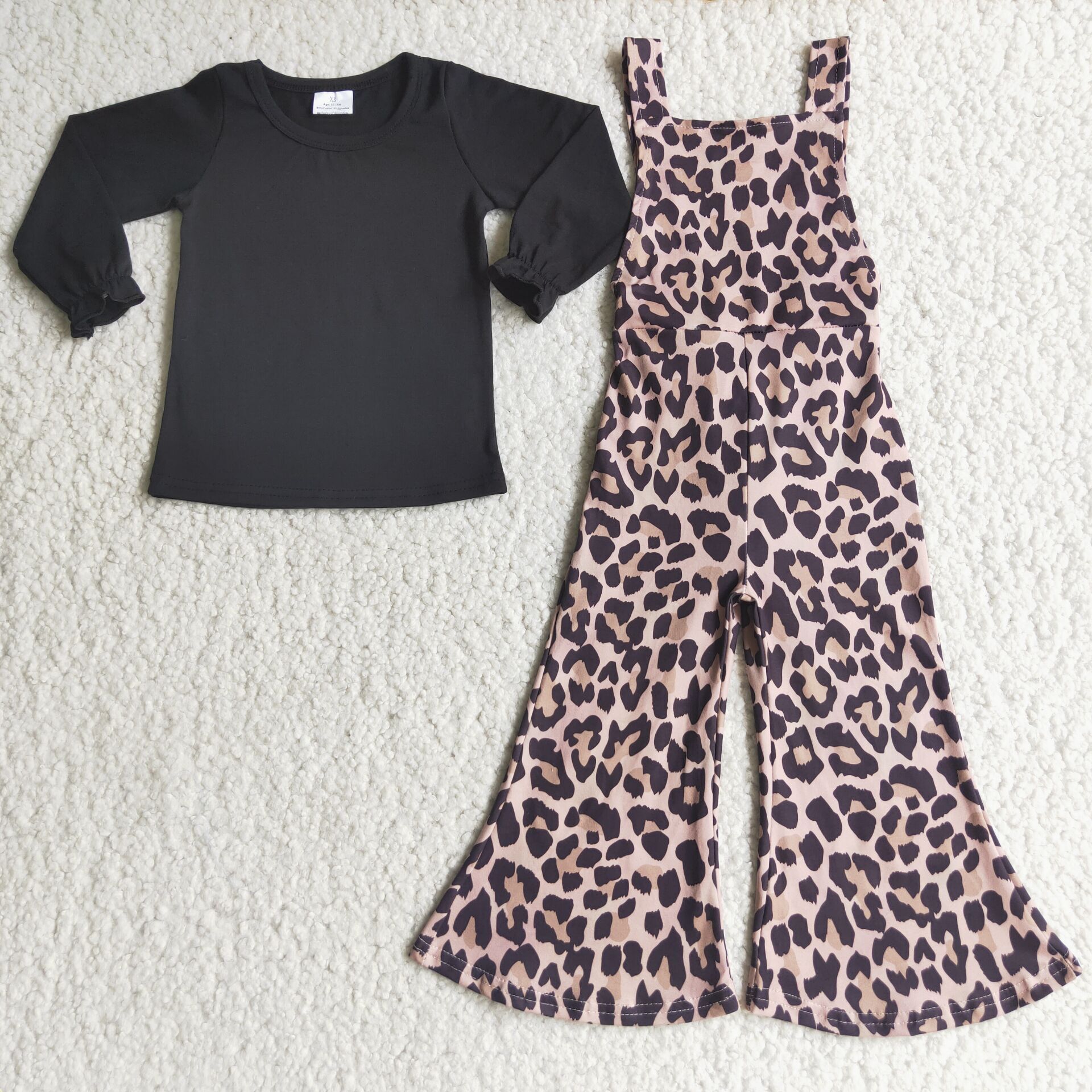 2pcs Black Cotton Top Leopard Overalls Bells Set