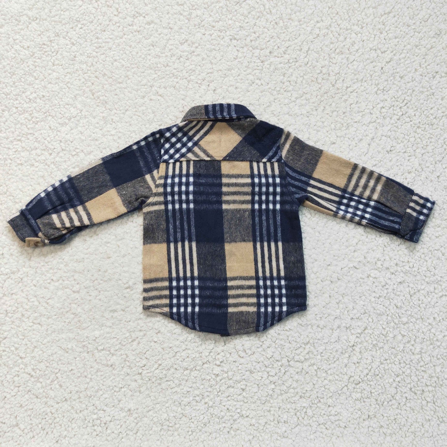 kids flannel navy blue tan cotton plaid button shirt with pocket
