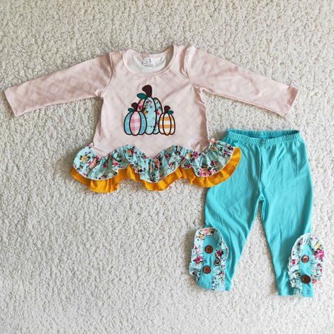 3 Pumpkin Embroidery Ruffle Leggings Set