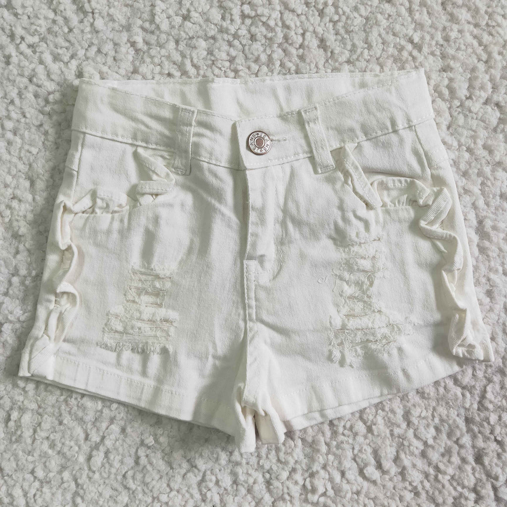 girl's clothing fashion white ruffle denim shorts