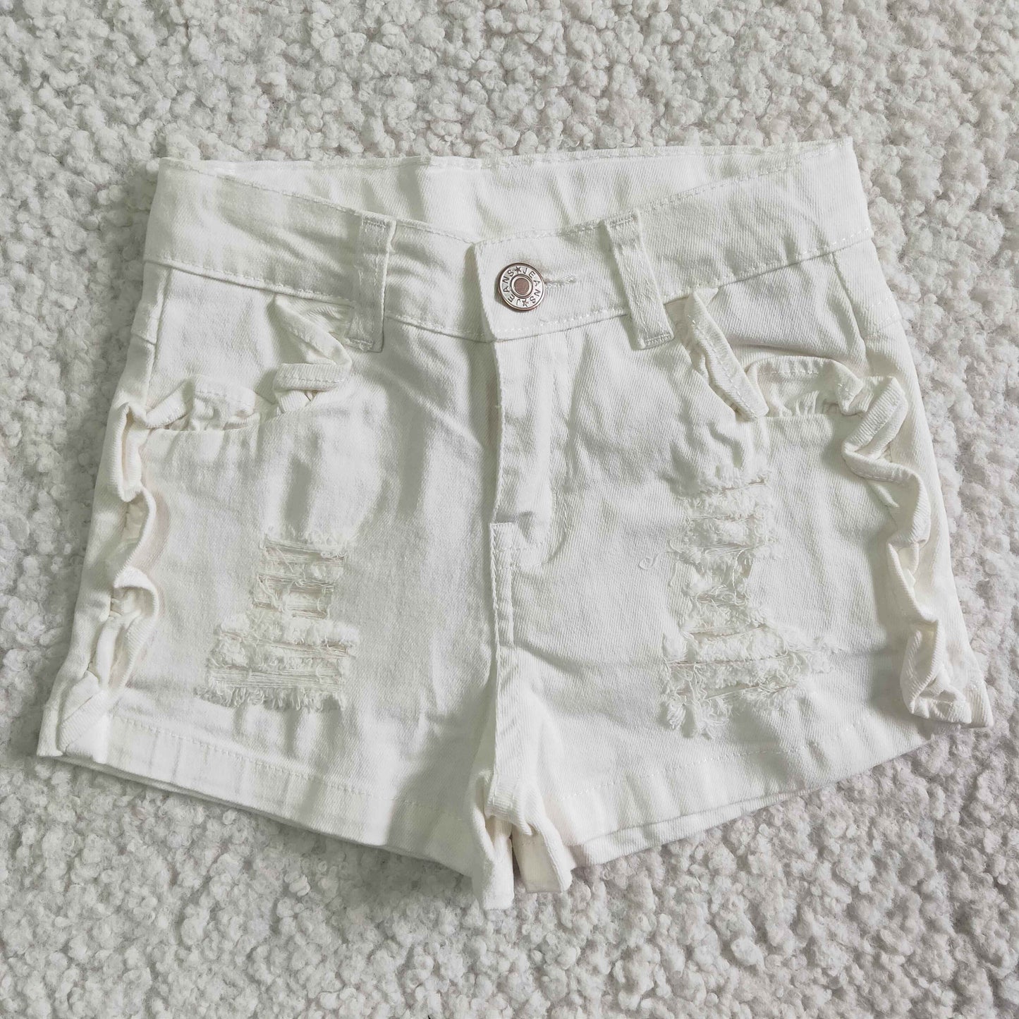 girl's clothing fashion white ruffle denim shorts