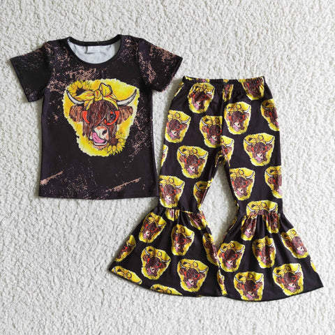 girl's spring cow print pants set outfit