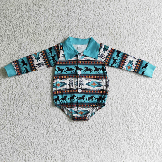 western horse aztec buttom romper baby clothing