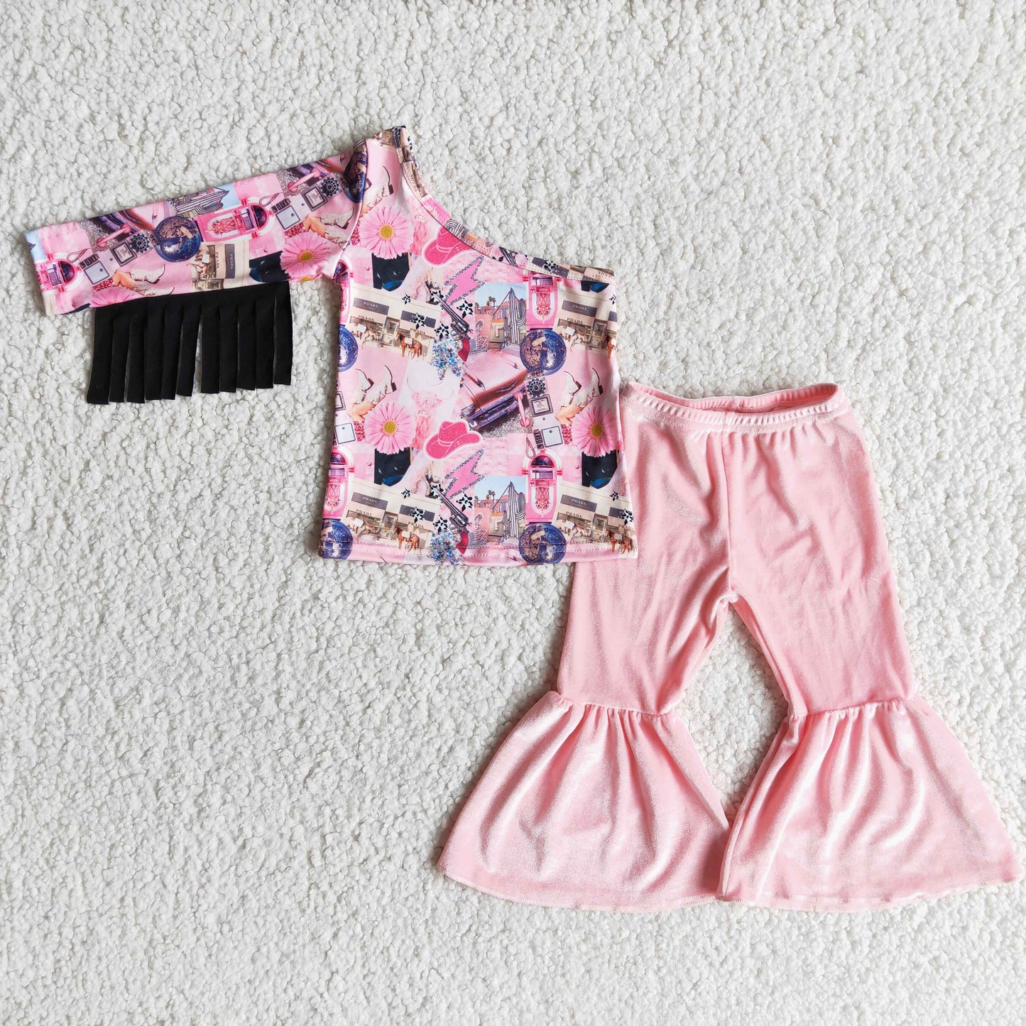 one shoulder cowboy pink velvet bells outfit